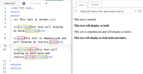 HTML code using the strong and em tags and the resutls