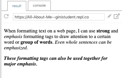 Result of the html code with strong and emphasis formatting/